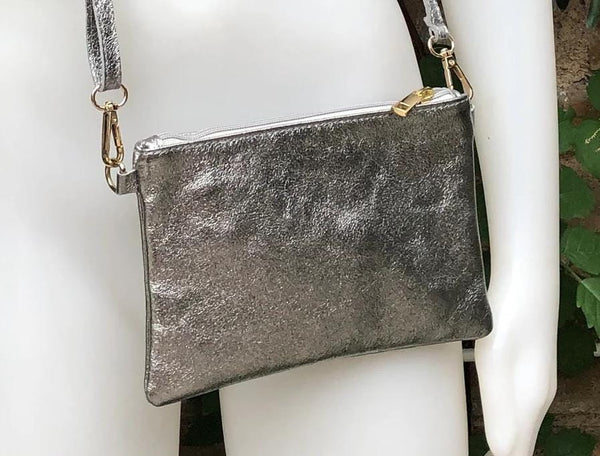 Small leather bag in METALLIC SILVER .Cross body, shoulder bag or wristlet in GENUINE leather. Silver leather purse + adjustable strap