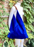 Slouch leather bag in cobalt blue suede. Genuine leather shoulder bag. Origami shopper bag + camel brown leather accent. Royal blue purse