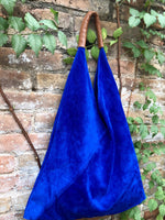Slouch leather bag in cobalt blue suede. Genuine leather shoulder bag. Origami shopper bag + camel brown leather accent. Royal blue purse
