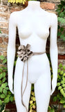 Flower leather belt in dark beige. Waist, overall or dress belt. Light brown genuine leather. Taupe rose belt. Large tan greyge flower.