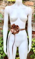 Flower leather belt in camel brown. Waist, overall or dress belt. Tobacco brown genuine leather. Rusty brown rose belt. Large brown flower.