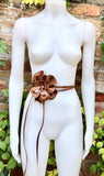 Flower leather belt in camel brown. Waist, overall or dress belt. Tobacco brown genuine leather. Rusty brown rose belt. Large brown flower.