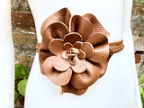 Flower leather belt in camel brown. Waist, overall or dress belt. Tobacco brown genuine leather. Rusty brown rose belt. Large brown flower.
