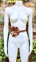 Flower leather belt in camel brown. Waist, overall or dress belt. Tobacco brown genuine leather. Rusty brown rose belt. Large brown flower.