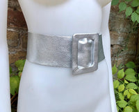 Silver leather waist belt with large buckle. Soft leather belt in silver. Genuine leather silver dress belt. Wide silver waist belt