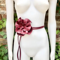 Flower leather belt in burgundy. Waist, overall or dress belt. Genuine leather. Wine red rose belt. Large dark red flower.