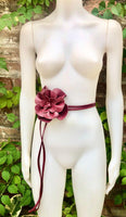 Flower leather belt in burgundy. Waist, overall or dress belt. Genuine leather. Wine red rose belt. Large dark red flower.