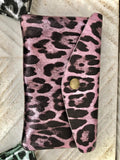 Cheetah print coin purse in genuine metallic leather with 3 pockets, zipper + flap. Fits credit cards, coins, bills. Leopard print wallet.