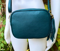 Small leather bag in TEAL blue-green. Cross body / shoulder bag in GENUINE leather. Dark blue purse. Tassel on the zipper . Gold accents.