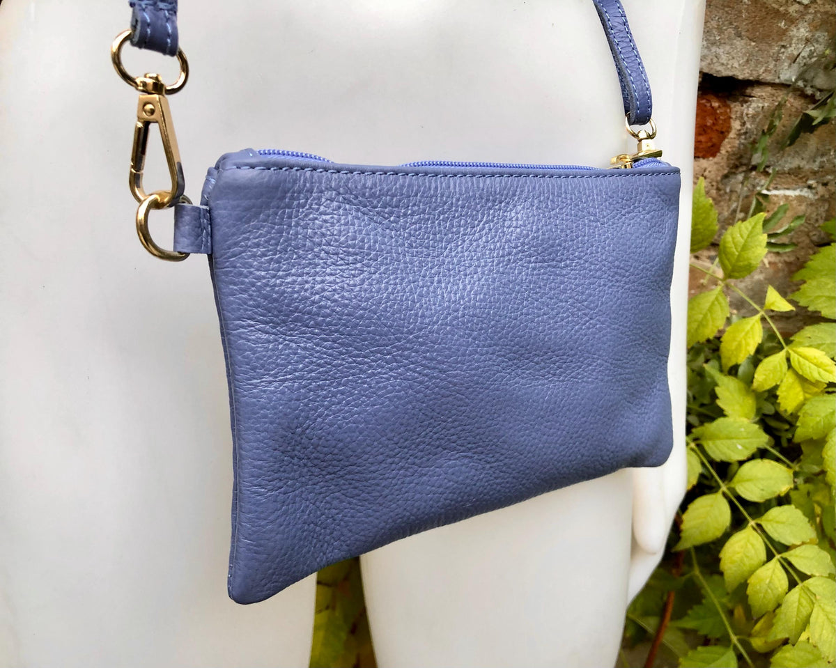 Small leather bag in PURPLE. Violet crossbody / shoulder bag or wristlet in GENUINE leather. Mauve leather purse + adjustable strap.