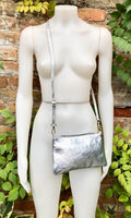 Silver small leather bag. GENUINE leather crossbody / shoulder bag. Metallic leather bag with adjustable strap. Small silver leather purse