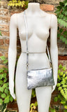 Silver small leather bag. GENUINE leather crossbody / shoulder bag. Metallic leather bag with adjustable strap. Small silver leather purse