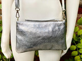 Silver small leather bag. GENUINE leather crossbody / shoulder bag. Metallic leather bag with adjustable strap. Small silver leather purse