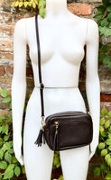 Small leather bag in dark brown. GENUINE leather shoulder / cross body bag. Chocolate brown leather purse, adjustable strap + zippers.