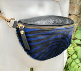 Blue + black zebra print FANNY pac .Small leather crossbody/ hip bag, bum pack bag in GENUINE leather. Blue purse with adjustable strap