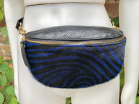 Blue + black zebra print FANNY pac .Small leather crossbody/ hip bag, bum pack bag in GENUINE leather. Blue purse with adjustable strap