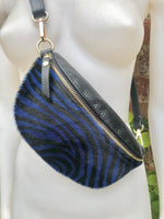 Blue + black zebra print FANNY pac .Small leather crossbody/ hip bag, bum pack bag in GENUINE leather. Blue purse with adjustable strap