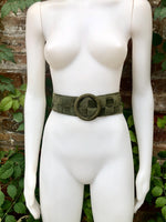 GREEN waist belt with large round buckle. Dark moss green boho soft suede wide belt. Genuine natural suede leather. Green wide dress belt