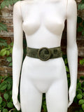 GREEN waist belt with large round buckle. Dark moss green boho soft suede wide belt. Genuine natural suede leather. Green wide dress belt