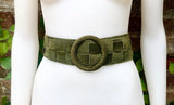 GREEN waist belt with large round buckle. Dark moss green boho soft suede wide belt. Genuine natural suede leather. Green wide dress belt