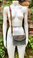 Small cheetah print crossbody bag. Genuine leather. Dark gray enveloppe bag. Animal print flap. Boho multicolor leopard grey purse.