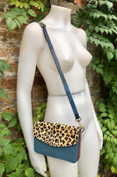 Small cheetah print crossbody bag. Genuine leather. Blue gray enveloppe bag. Animal print flap. Boho multicolor leopard blue purse.