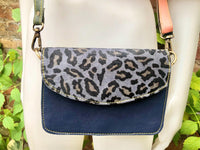 Small cheetah print crossbody bag. Genuine leather. Navy blue enveloppe bag. Animal print flap. Boho multicolor leopard blue purse.