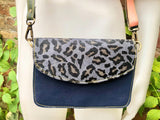 Small cheetah print crossbody bag. Genuine leather. Navy blue enveloppe bag. Animal print flap. Boho multicolor leopard blue purse.