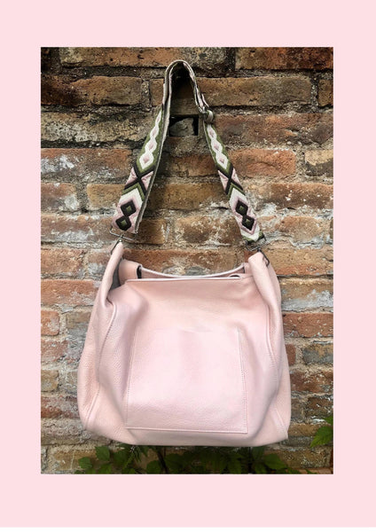 Pink leather bag. TOTE leather shopper in light PINK. Genuine leather. Shoulder bag for your laptop, ipad, tablet or books + guitar strap