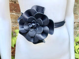 Flower leather belt in navy blue. Waist, overall or dress belt. Dark blue genuine leather. Navy rose belt. Large blue flower.