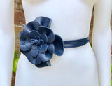 Flower leather belt in navy blue. Waist, overall or dress belt. Dark blue genuine leather. Navy rose belt. Large blue flower.