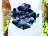 Flower leather belt in navy blue. Waist, overall or dress belt. Dark blue genuine leather. Navy rose belt. Large blue flower.