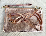 Small genuine leather bag in METALLIC light pink. Cross body / shoulder bag or wristlet. Small glitter leather peach pink purse . Rose gold