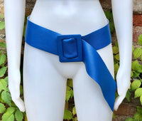 Royal blue leather waist belt with large buckle. Soft leather belt in cobalt. Genuine leather blue dress belt. Wide cobalt blue waist belt