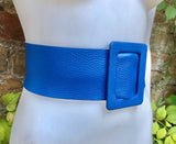 Royal blue leather waist belt with large buckle. Soft leather belt in cobalt. Genuine leather blue dress belt. Wide cobalt blue waist belt