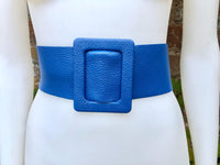 Royal blue leather waist belt with large buckle. Soft leather belt in cobalt. Genuine leather blue dress belt. Wide cobalt blue waist belt