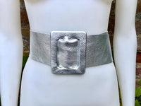 Silver leather waist belt with large buckle. Soft leather belt in silver. Genuine leather silver dress belt. Wide silver waist belt