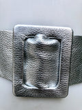 Silver leather waist belt with large buckle. Soft leather belt in silver. Genuine leather silver dress belt. Wide silver waist belt