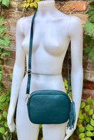 Small leather bag in TEAL blue-green. Cross body / shoulder bag in GENUINE leather. Dark blue purse. Tassel on the zipper . Gold accents.