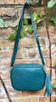 Small leather bag in TEAL blue-green. Cross body / shoulder bag in GENUINE leather. Dark blue purse. Tassel on the zipper . Gold accents.