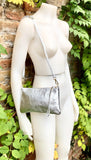 Silver small leather bag. GENUINE leather crossbody / shoulder bag. Metallic leather bag with adjustable strap. Small silver leather purse