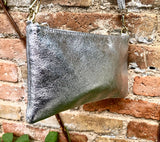 Silver small leather bag. GENUINE leather crossbody / shoulder bag. Metallic leather bag with adjustable strap. Small silver leather purse