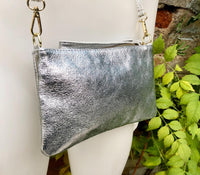 Silver small leather bag. GENUINE leather crossbody / shoulder bag. Metallic leather bag with adjustable strap. Small silver leather purse