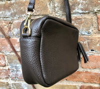 Small leather bag in dark brown. GENUINE leather shoulder / cross body bag. Chocolate brown leather purse, adjustable strap + zippers.