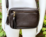 Small leather bag in dark brown. GENUINE leather shoulder / cross body bag. Chocolate brown leather purse, adjustable strap + zippers.