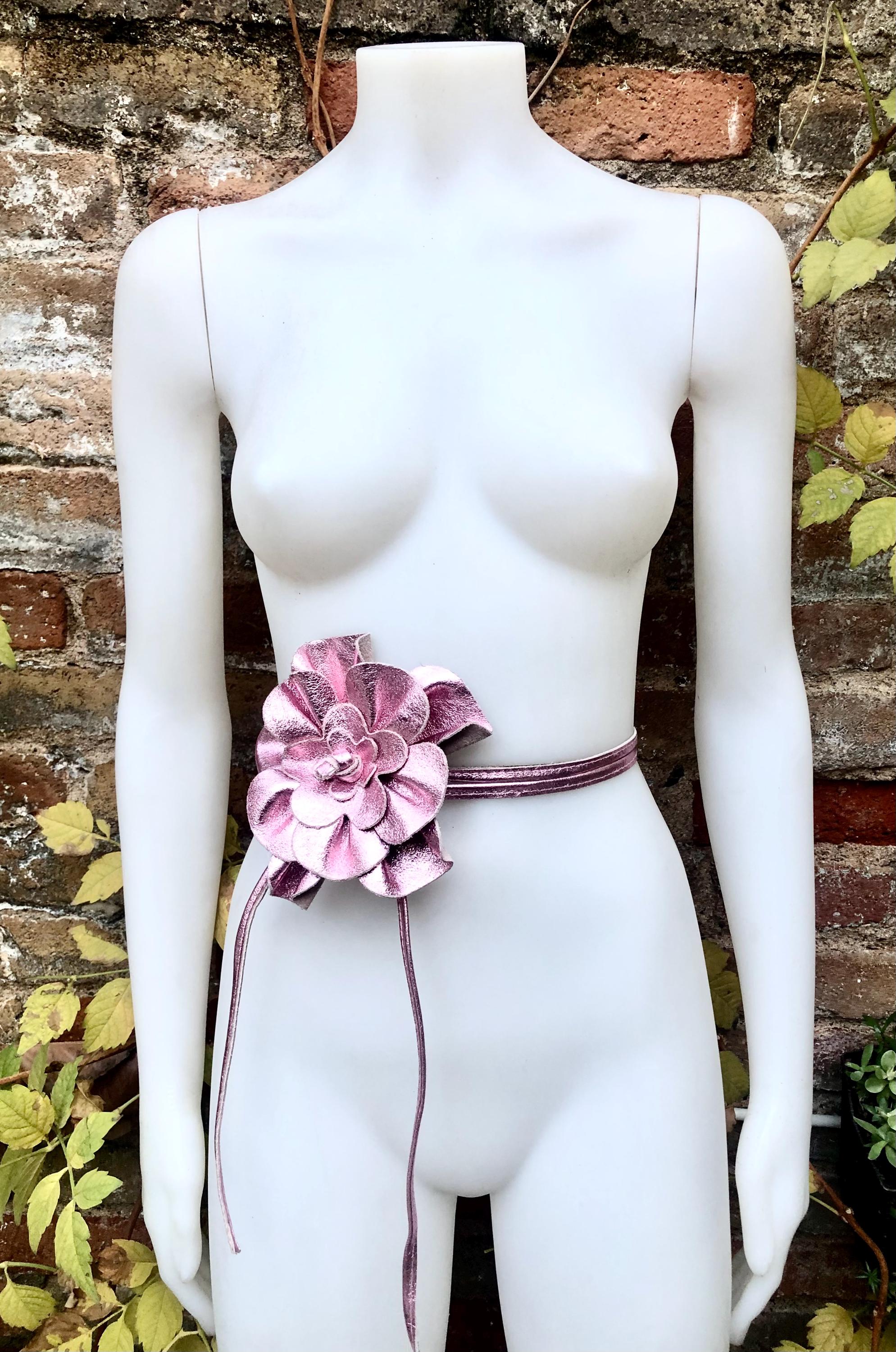 Flower leather belt in METALLIC light PINK. Waist, overall or dress belt. Genuine leather. Pink rose belt. Large metallic light pink flower.