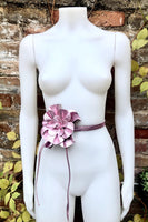 Flower leather belt in METALLIC light PINK. Waist, overall or dress belt. Genuine leather. Pink rose belt. Large metallic light pink flower.