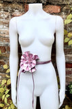Flower leather belt in METALLIC light PINK. Waist, overall or dress belt. Genuine leather. Pink rose belt. Large metallic light pink flower.