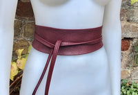 Burgundy obi belt. Genuine leather dress / overall belt. Wrap belt. Wide waist belt. Dark red Wraparound belt. Wine red boho sash.