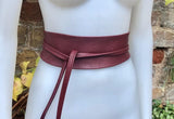 Burgundy obi belt. Genuine leather dress / overall belt. Wrap belt. Wide waist belt. Dark red Wraparound belt. Wine red boho sash.